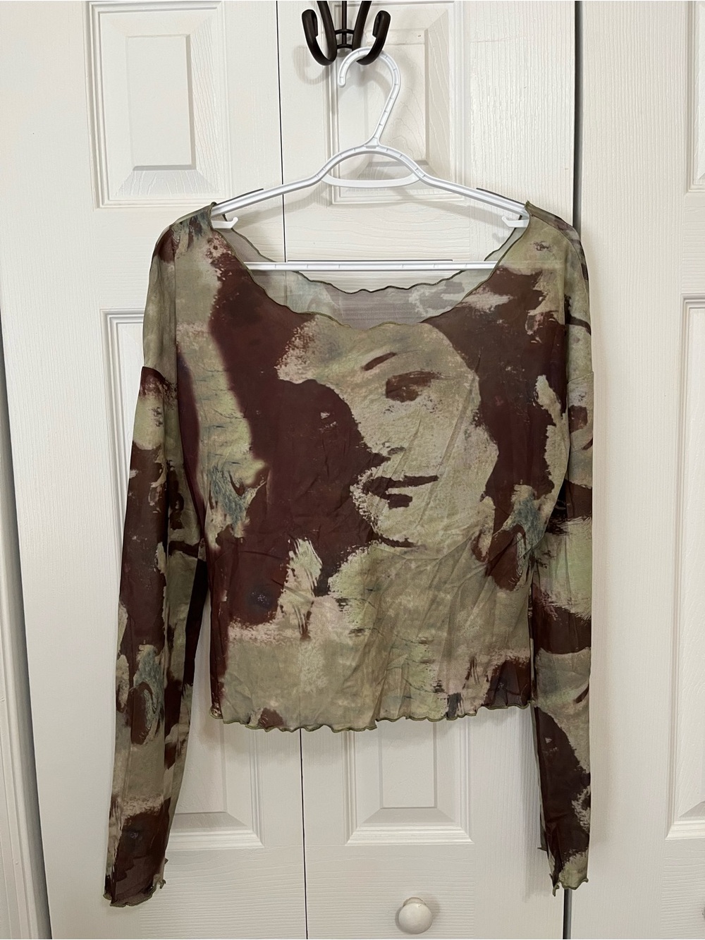 Cider Olive & Brown Abstract Mesh Long-Sleeve Top